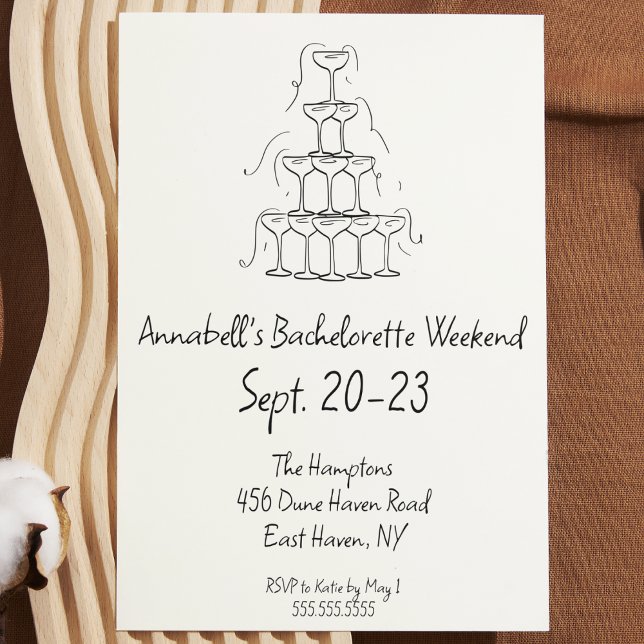 Handgezeichneter Champagner Junggeselinnen-Abschie Einladung (hand drawn bachelorette party invitation black and white Champagne glass tower modern simple cute)