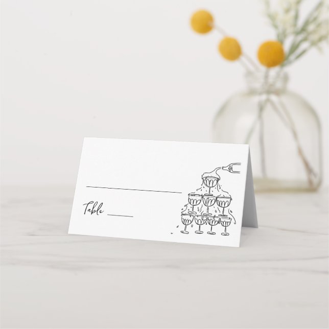 Handgezeichneter Champagner-Turm Hochzeitsfeier Pl Platzkarte (Vorderseite)