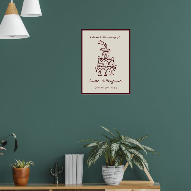 Handgezeichneter Champagner-Turm Retro-Willkommens Poster (Wohnzimmer 1)