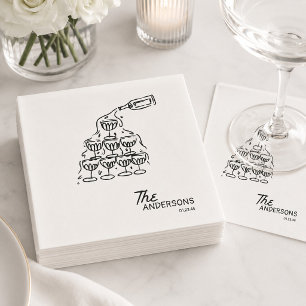 Handgezeichneter Champagner-Turm zur Hochzeit Serviette