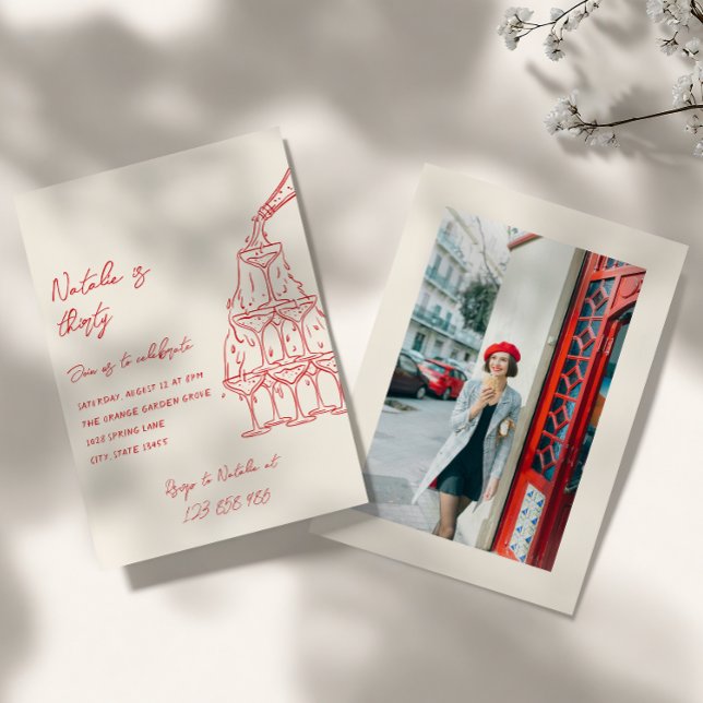 Handgezeichneter Champagnerturm Dreißigjähriges Fo Einladung (Von Creator hochgeladen)