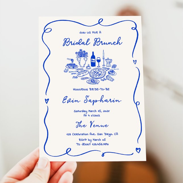 Handgezeichneter Cobalt Blue Bridal Brunch Einladung (Von Creator hochgeladen)