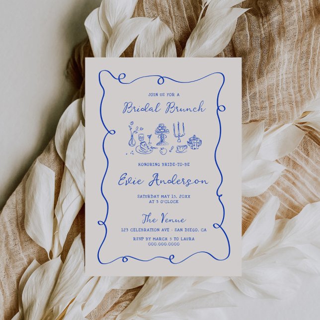 Handgezeichneter Cobalt Blue Bridal Brunch Einladung (Von Creator hochgeladen)
