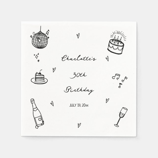 handgezeichneter Disco Ball 30. Geburtstag Party F Serviette (Vorderseite)