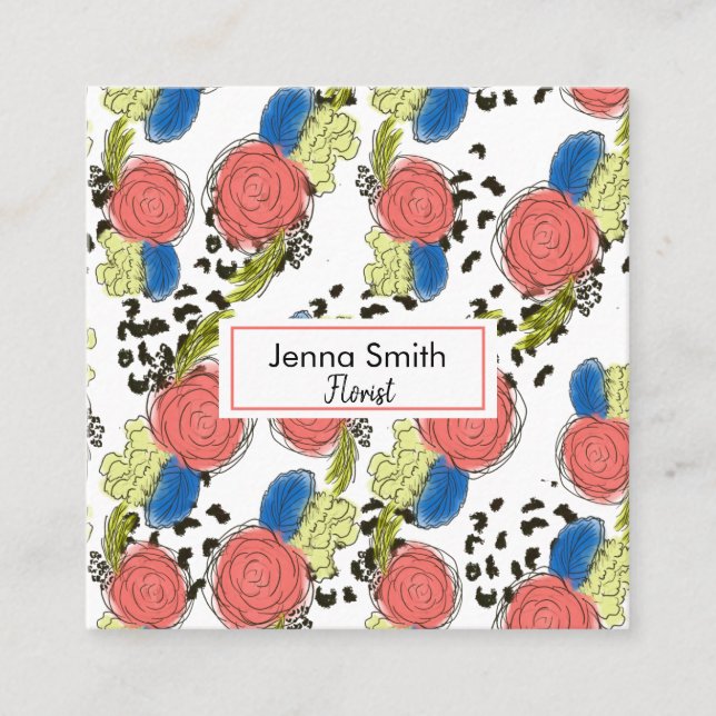 Handgezeichneter Florals Coral Blue Garden Florist Quadratische Visitenkarte (Vorderseite)