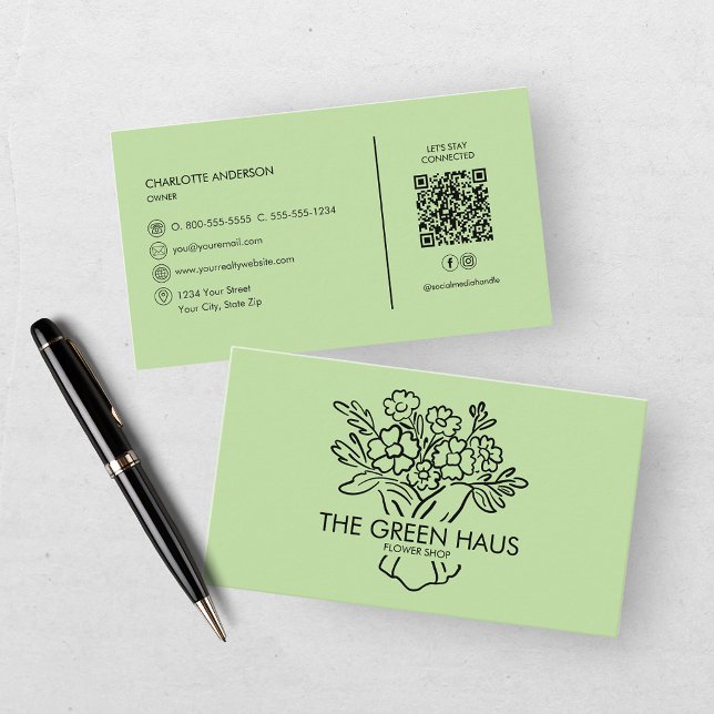 Handgezeichneter Florist Grün Botanischer QR-Code Visitenkarte (Von Creator hochgeladen)
