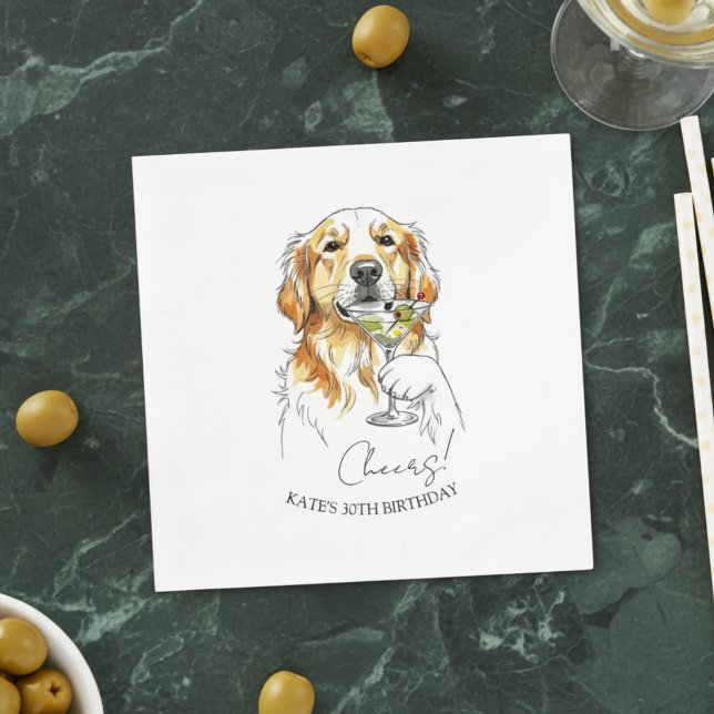 Handgezeichneter Golden Retriever Dirty Martini Co Serviette (Celebrate with this custom hand drawn golden retriever martini cocktail napkin.!)