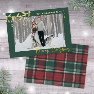 Handgezeichneter grüner Gold-Tartan Frohe Weihnach Folien Feiertagskarte