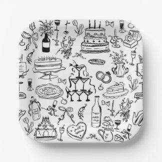 handgezeichneter Hochzeits- Champagnerbrunnen Pappteller