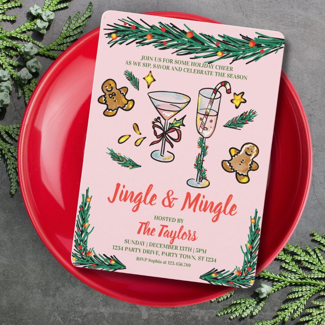 Handgezeichneter Jingle und Mingle Weihnachtscockt Einladung (doodle cocktail christmas party, red and green and pink)