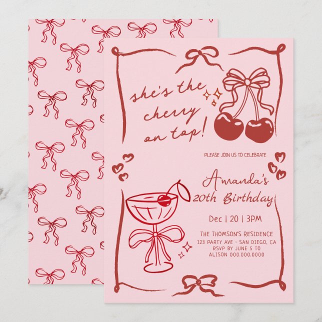 handgezeichneter Kirsch-Martini-Geburtstag Einladung (Vorne/Hinten)