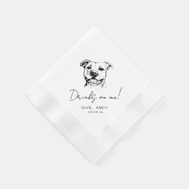 Handgezeichneter Pit Bull Drinks on me Cocktail Serviette (Ecke)