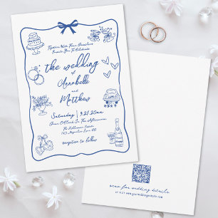 Handgezeichneter QR-Code Blau Whimsical Hochzeit Einladung