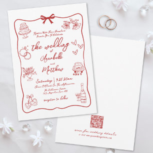 Handgezeichneter QR-Code Rot Whimsical Hochzeit Einladung
