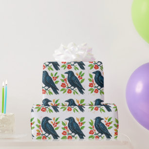 Handgezeichneter Rabe Rote Beeren Weihnachten Geschenkpapier
