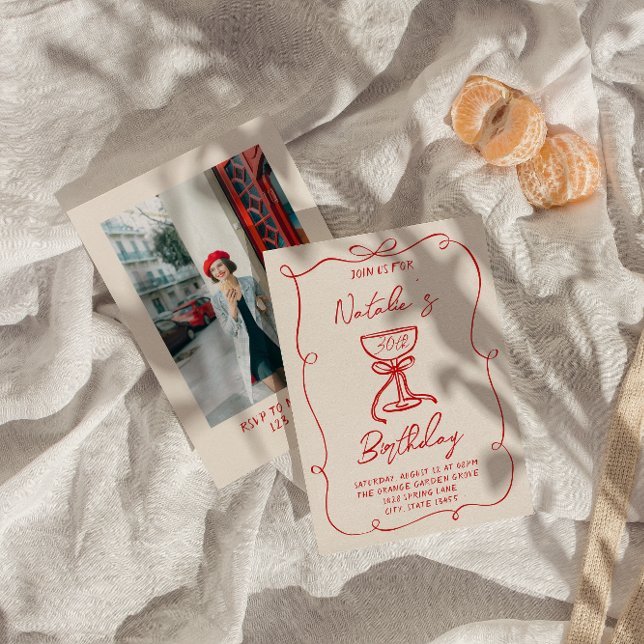 Handgezeichneter Red Bow Martini 30. Foto Geburtst Einladung (Von Creator hochgeladen)