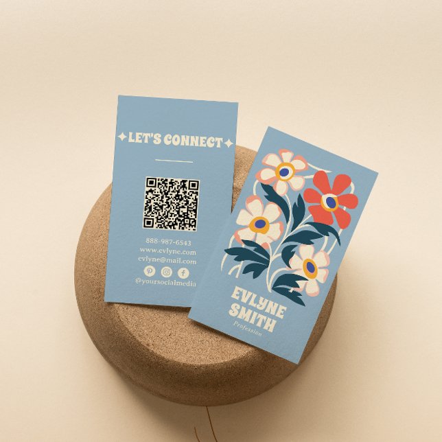 Handgezeichneter Retro Blue QR Code Boho Floral Tr Visitenkarte (Von Creator hochgeladen)