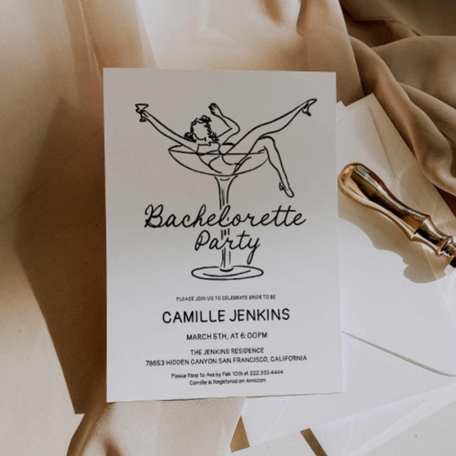 Handgezeichneter Retro-Junggeselinnen-Abschied Ein Save The Date (Retro Minimal Bachelorette Party Invitation)