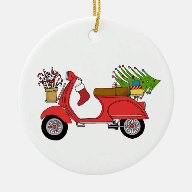 Handgezeichneter Retro-Weihnachtsroller mit Gesche Keramik Ornament (Vorne)