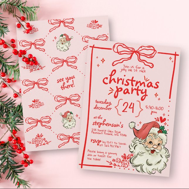 Handgezeichneter Rosa Bow Vintag Weihnachten Einladung (Von Creator hochgeladen)