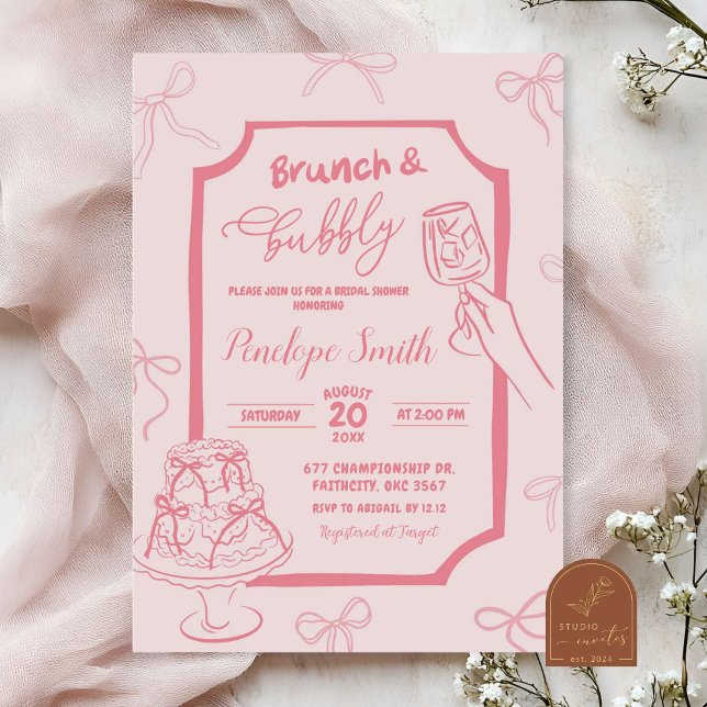 Handgezeichneter rosa Coquette Brunch und Bubbly Einladung (Von Creator hochgeladen)