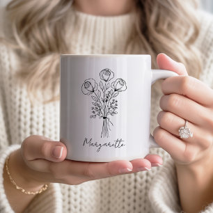 Handgezeichneter rustikaler Rosenblumenstrauß Brau Kaffeetasse