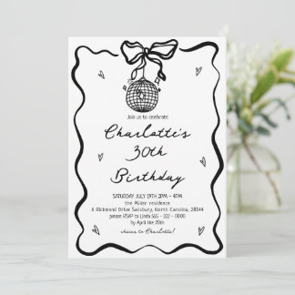 Handgezeichneter schwarzer Disco-Ball 30. Geburtst Einladung