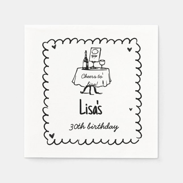 Handgezeichneter Scribble-Cocktail 30., 40. Geburt Serviette (Vorderseite)