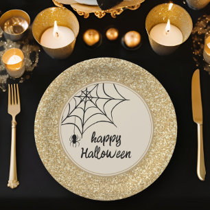 Handgezeichneter Spiderweb Happy Halloween Gold Gl Pappteller