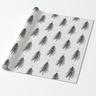 Handgezeichneter Weihnachtsbaum in Schwarz und Gol Geschenkpapier