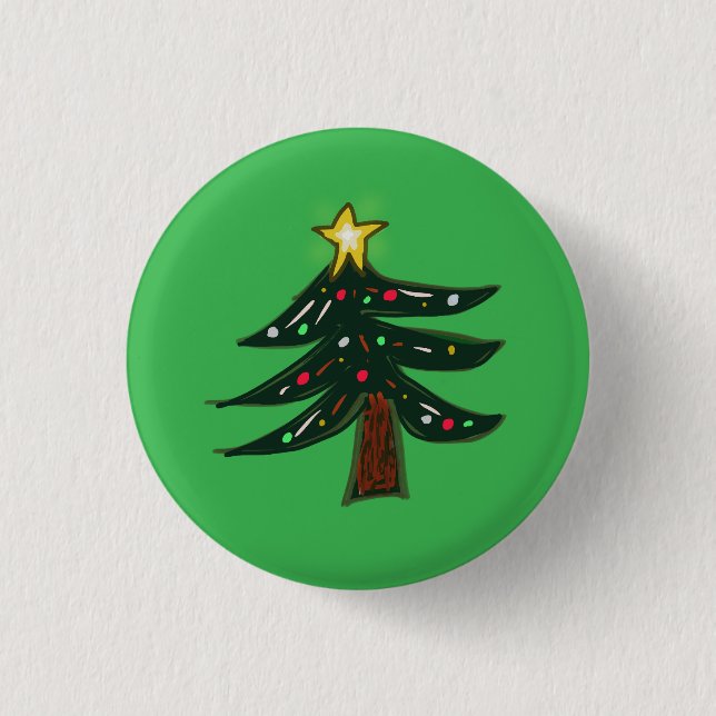 Handgezeichneter Weihnachtsbaum mit grünem Stern Button (Vorderseite)