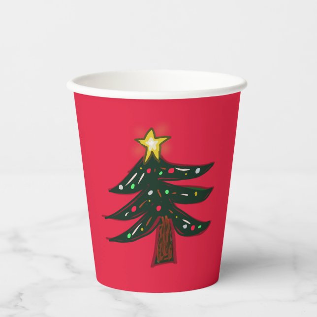 Handgezeichneter Weihnachtsbaum Rot Pappbecher (Vorderseite)