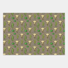 Handgezeichneter Western Bull Skull Wüste Kaktus P Geschenkpapier Set