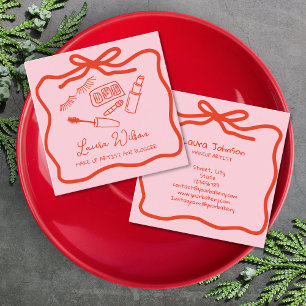 Handgezeichneter Whimsical Makeup Artist Red Pink  Quadratische Visitenkarte