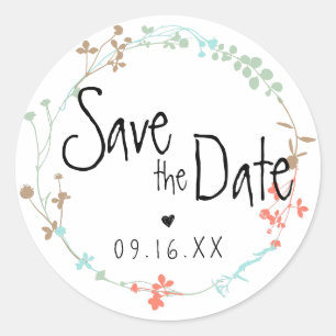 Handgezeichneter Wildblumenkranz Save-the-Date Runder Aufkleber