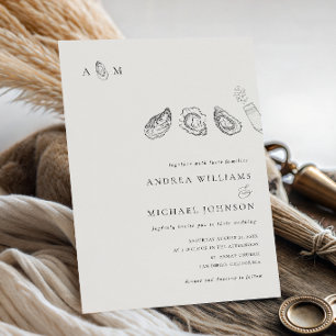 Handgezeichnetes Auster-Monogramm-Empfang-Hochzeit Einladung