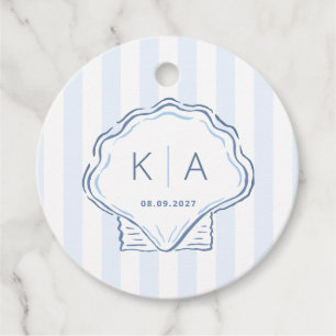 Handgezeichnetes blau-weißes Muschel-Monogramm für Geschenkanhänger