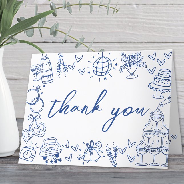 Handgezeichnetes blaues weißes Brautparty Dankeskarte (Hand Drawn Blue Whimsical Bridal Shower Thank You Card)