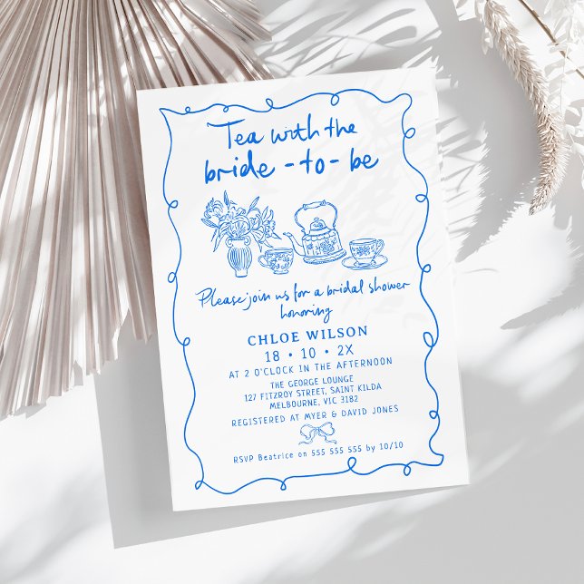 Handgezeichnetes blaues Whimsical Tee-Brautparty Einladung (Whimsical Hand Drawn Tea Bridal Shower Invitation Blue,
Tea Bride to Be Bridal Shower, Tea cups)