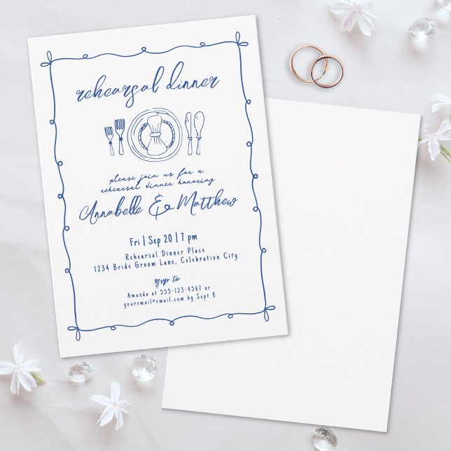 Handgezeichnetes Blue Wedding Probe Dinner Einladung (Hand Drawn Blue Wedding Rehearsal Dinner Invitation)
