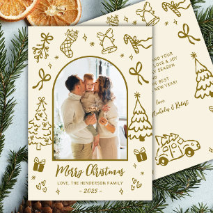 Handgezeichnetes Bogen-Foto Gold Beige Frohe Weihn Feiertagskarte