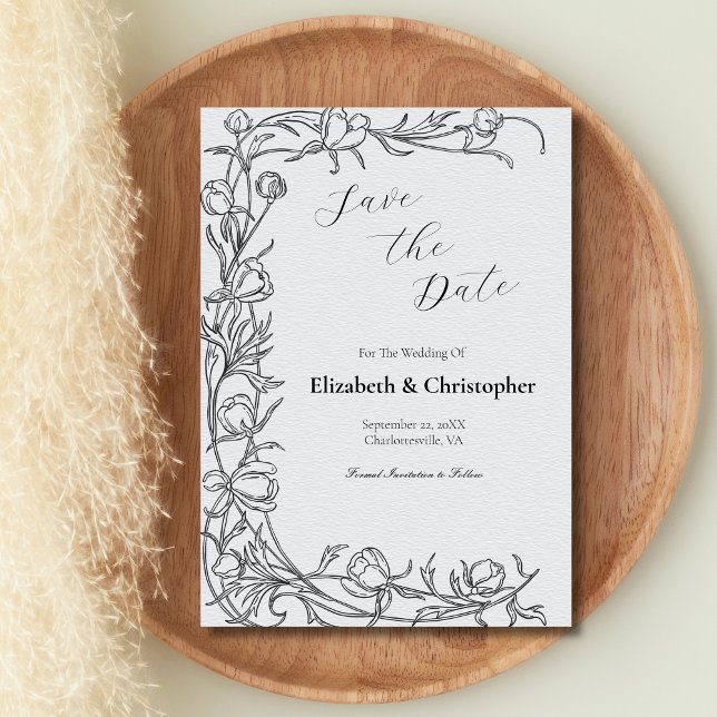Handgezeichnetes botanisches Save the Date grau Einladung (Black Gray Hand Drawn Botanical Leaves Flowers Wedding Save the Date Invitation Card)