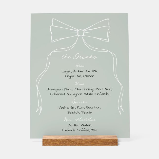 Handgezeichnetes "Bow Sage Green Wedding Bar Drink Acrylschild (Vorderseite)
