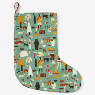 Handgezeichnetes Camping, retro nahtloses Muster. Kleiner Weihnachtsstrumpf