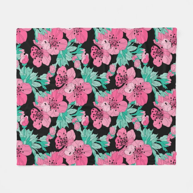 Handgezeichnetes Dekorationsmuster Cherry Blossom Fleecedecke (Vorderseite (Horizontal))