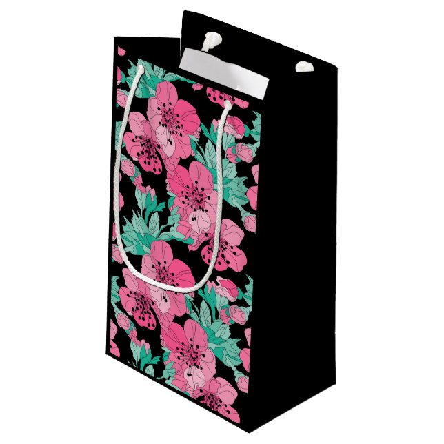 Handgezeichnetes Dekorationsmuster Cherry Blossom Kleine Geschenktüte (Rückseite Schrägansicht)