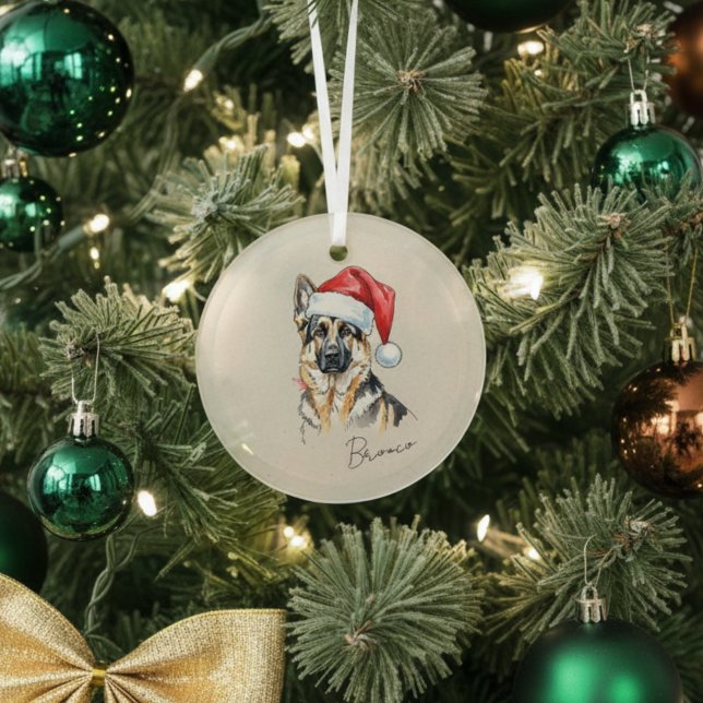 Handgezeichnetes deutsches Schäferportrait Ornament Aus Glas (Add a special touch to your Christmas tree with this custom pet portrait ornament!)