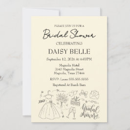 Handgezeichnetes Doodle-Brautparty gelb Einladung