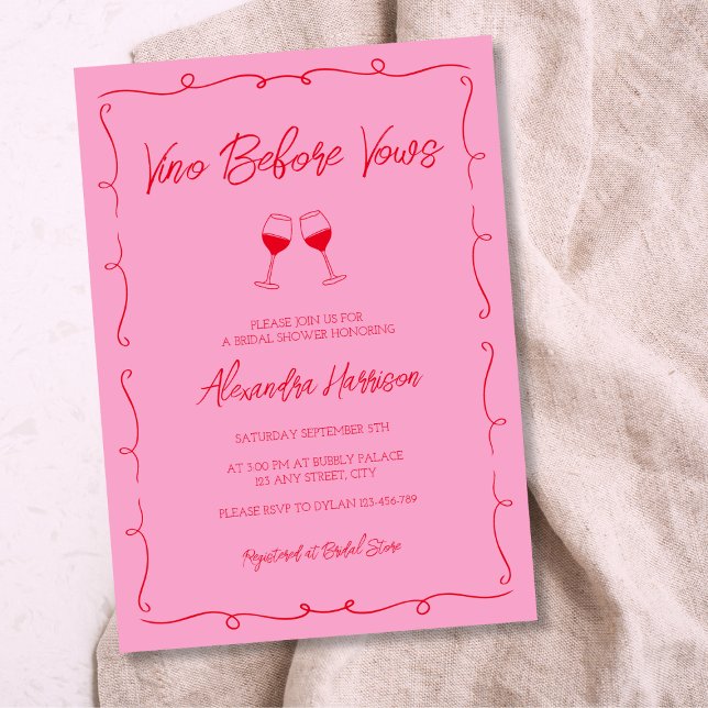 Handgezeichnetes feines Rosa und Rotes Brautparty Einladung (Hand Drawn Bold Pink & Red Wine Bridal Shower Invitation)