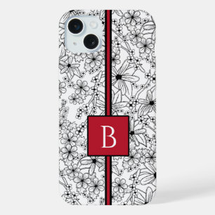 Handgezeichnetes florales Schwarz-Weiß-Muster und iPhone 15 Plus Hülle